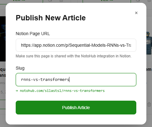 Publish modal — paste a Notion link, pick a slug